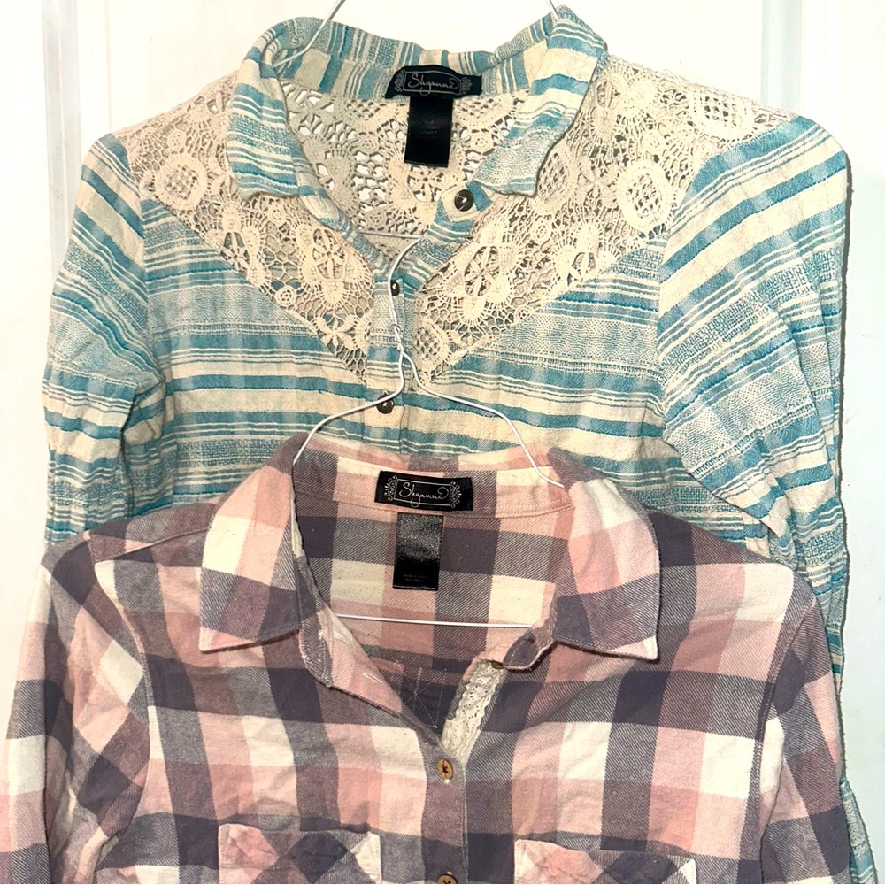 Shyanne Women’s Long‑Sleeve Button‑Ups (Set of 2) — Small — Blue + Patterned